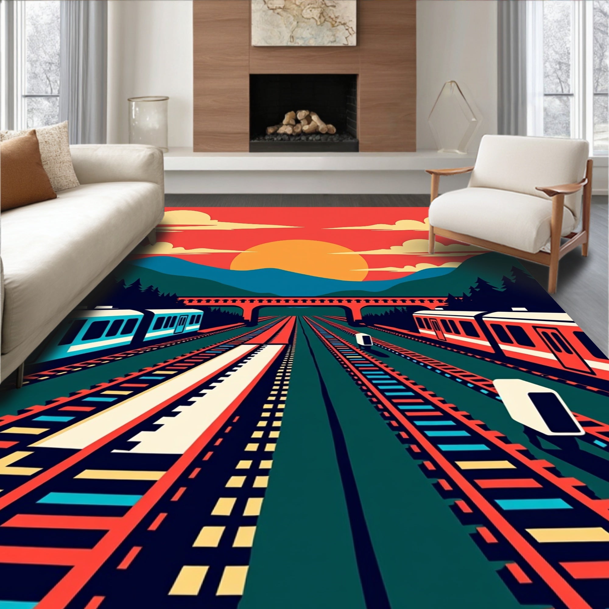 Retro Train Tracks Sunset Landscape Rug