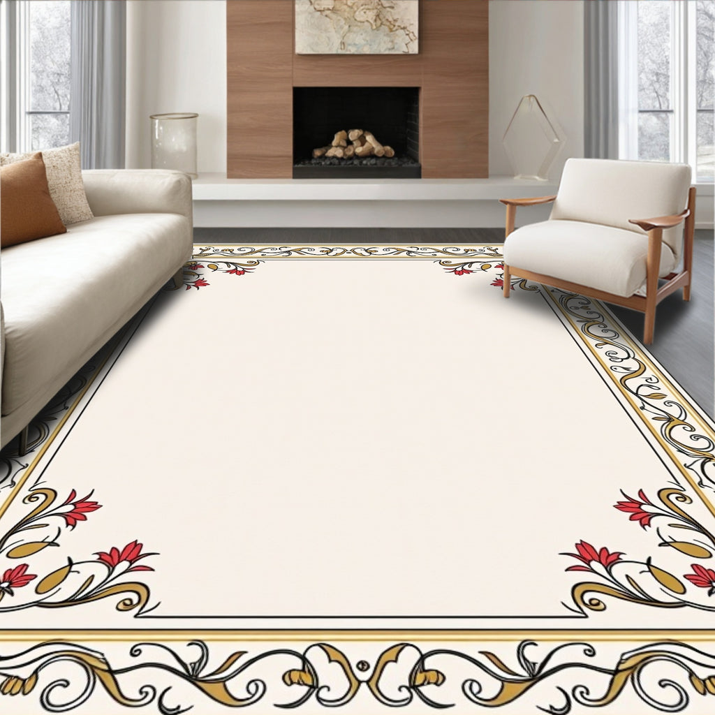 Floral Accents Red Gold Border Frame Rug
