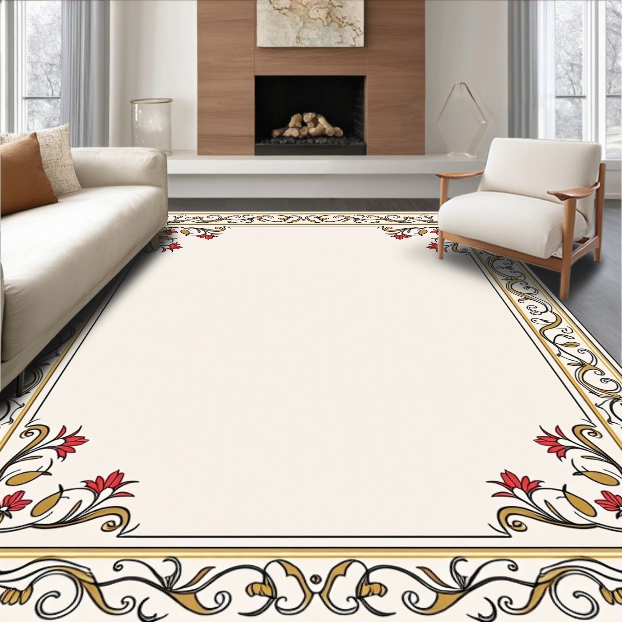 Floral Accents Red Gold Border Frame Rug