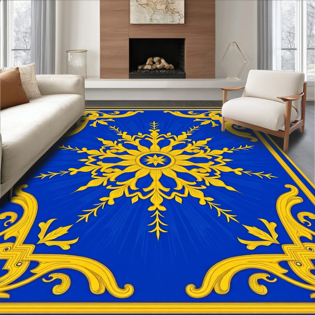 Royal Blue Golden Sunburst Medallion Rug