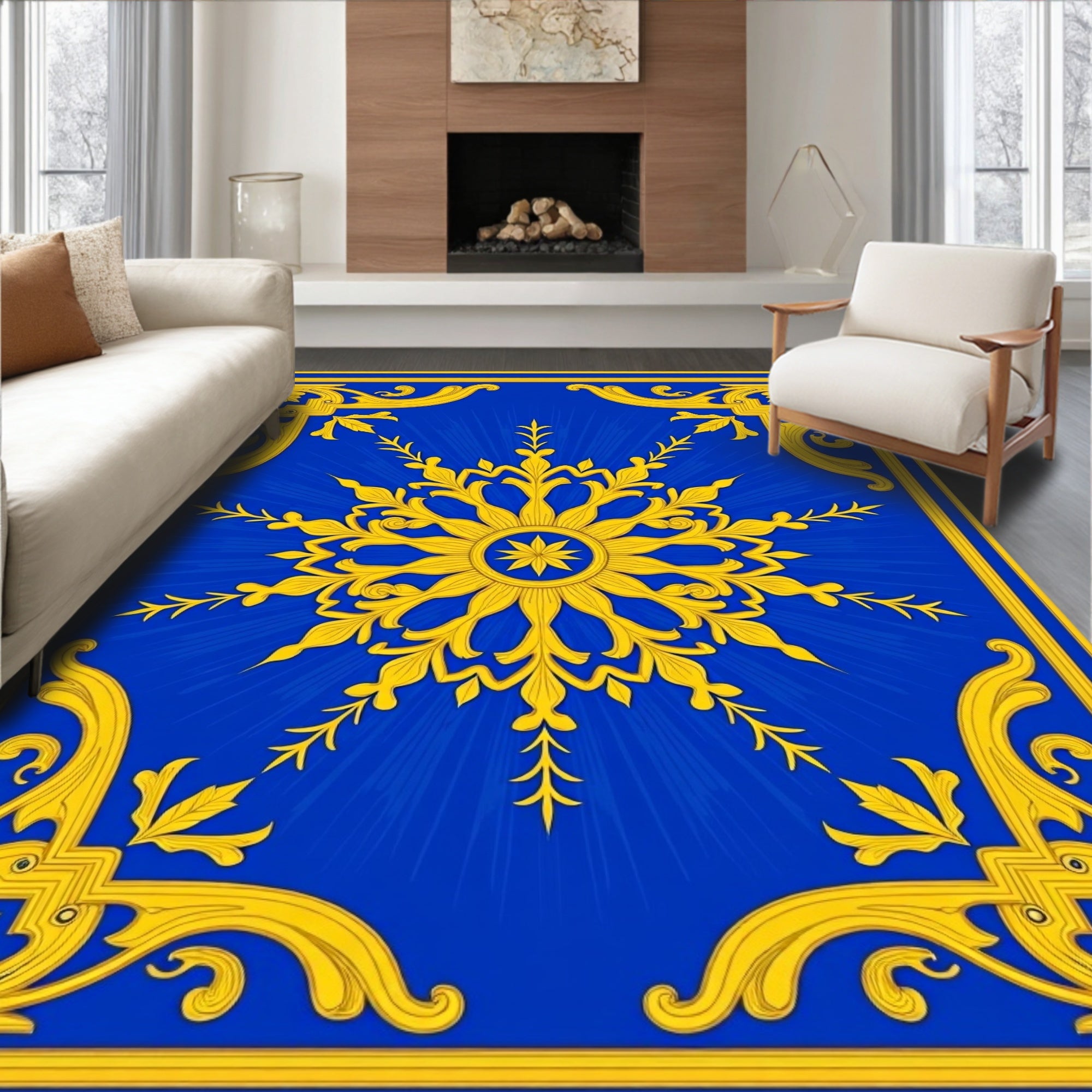 Royal Blue Golden Sunburst Medallion Rug