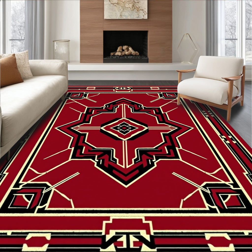 Crimson Black Geometric Art Deco Rug