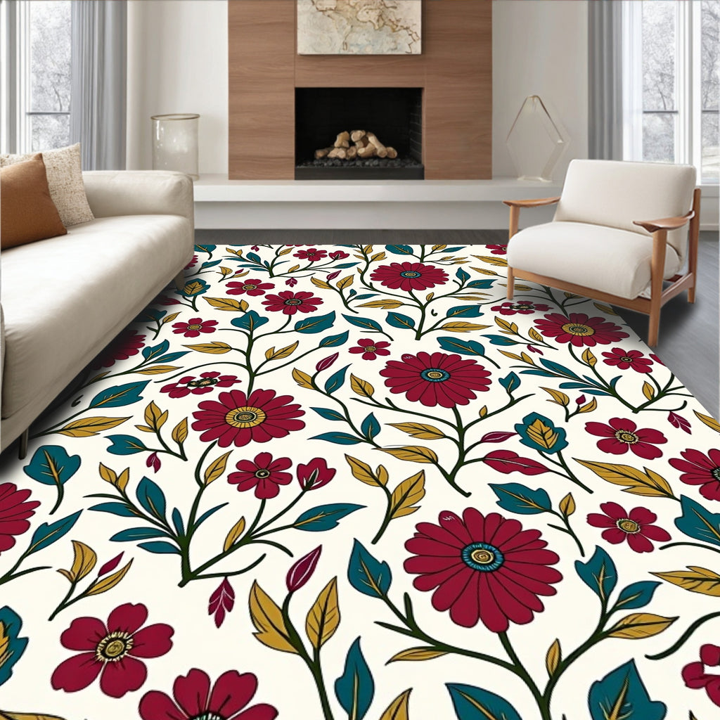 Deep Red Floral Vine Botanical Rug