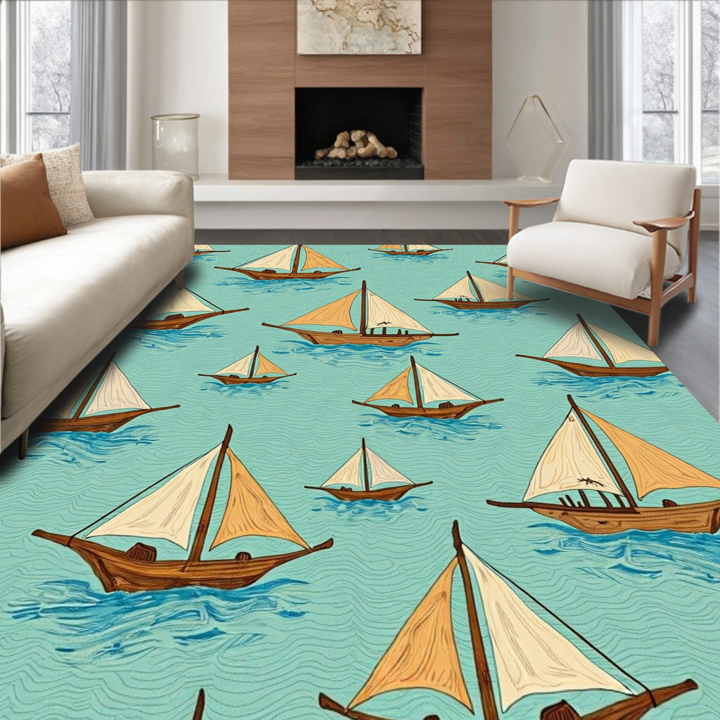 Woodsman Boats on Aqua Sea Rug