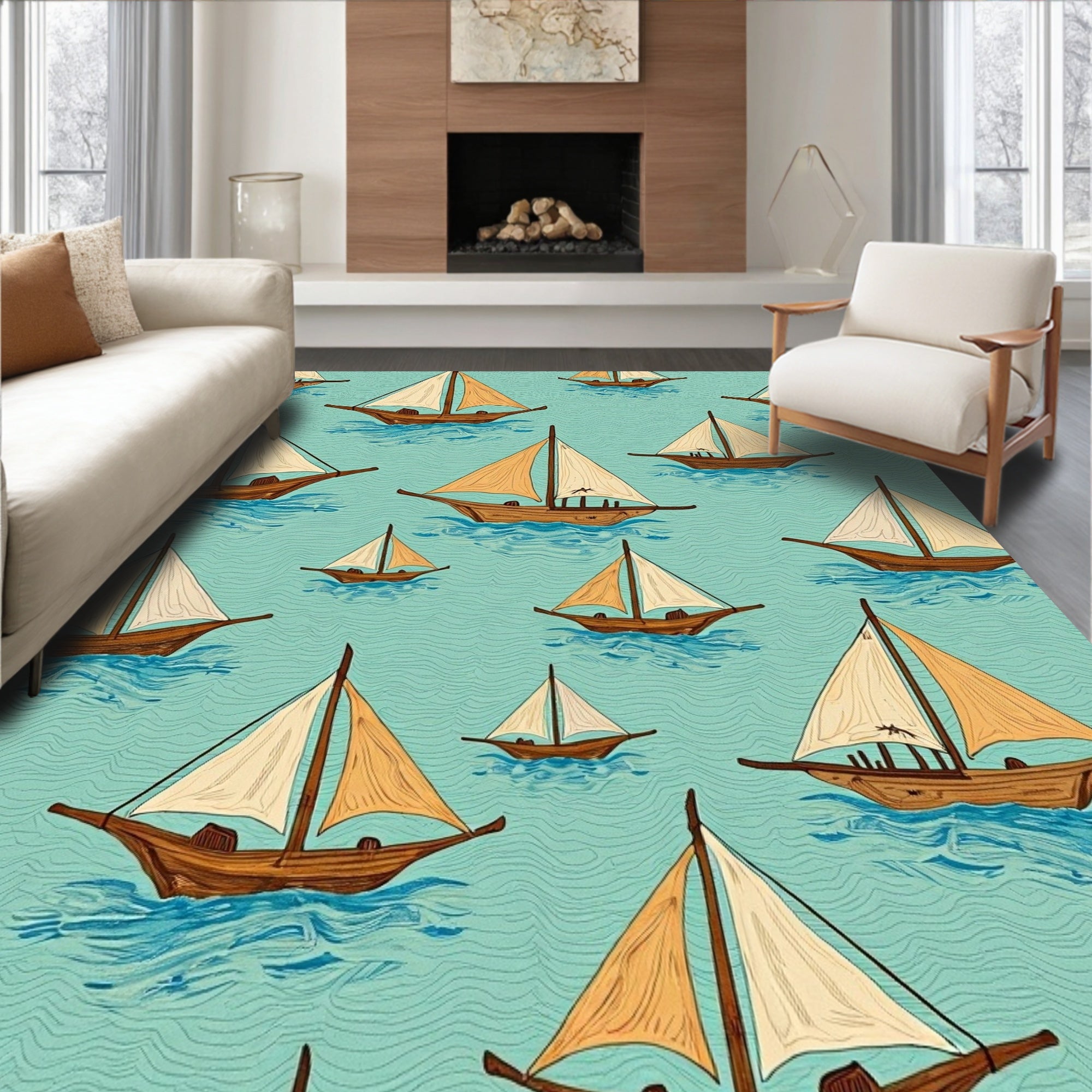 Woodsman Boats on Aqua Sea Rug