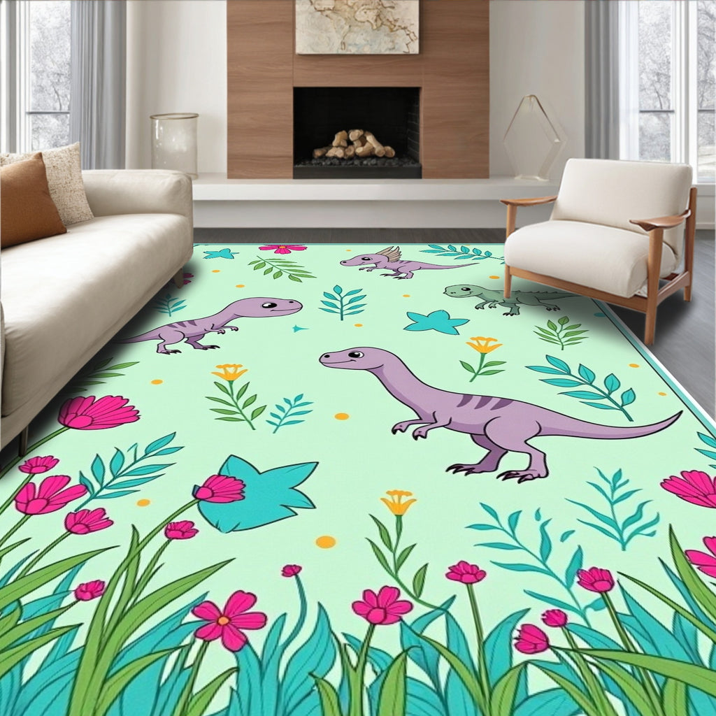 Kawaii Purple Dinosaurs Floral Garden Rug