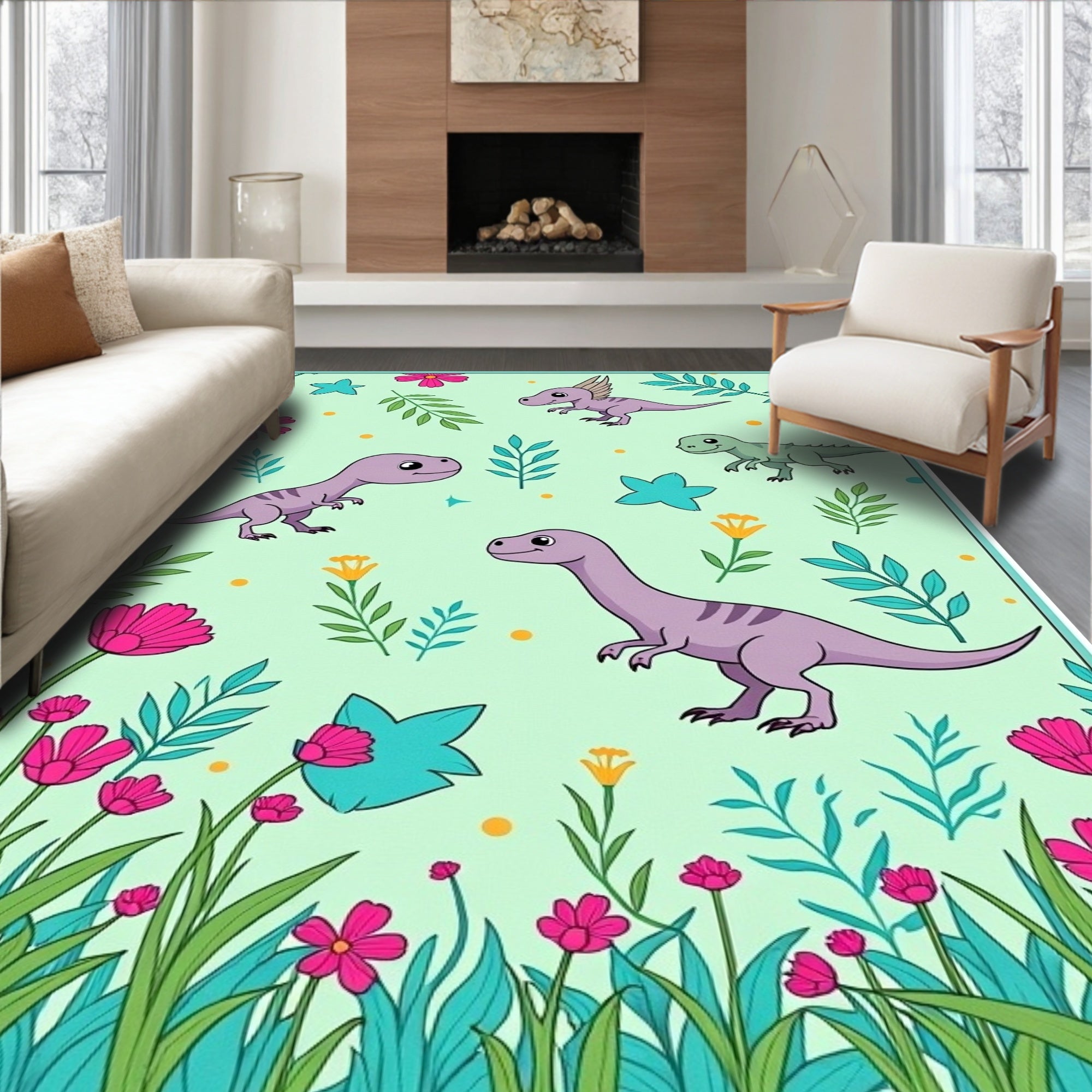 Kawaii Purple Dinosaurs Floral Garden Rug