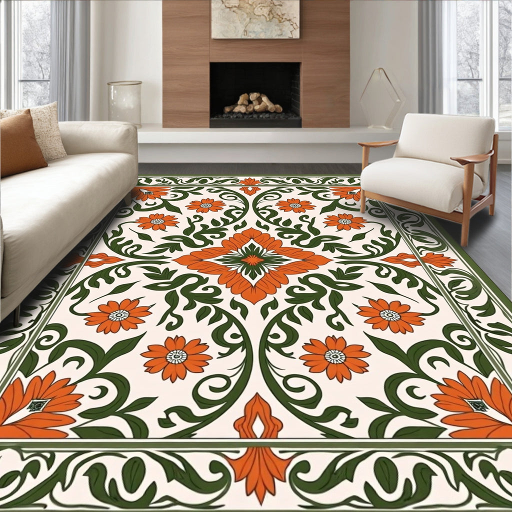 Orange Floral Vine Border Garden Rug