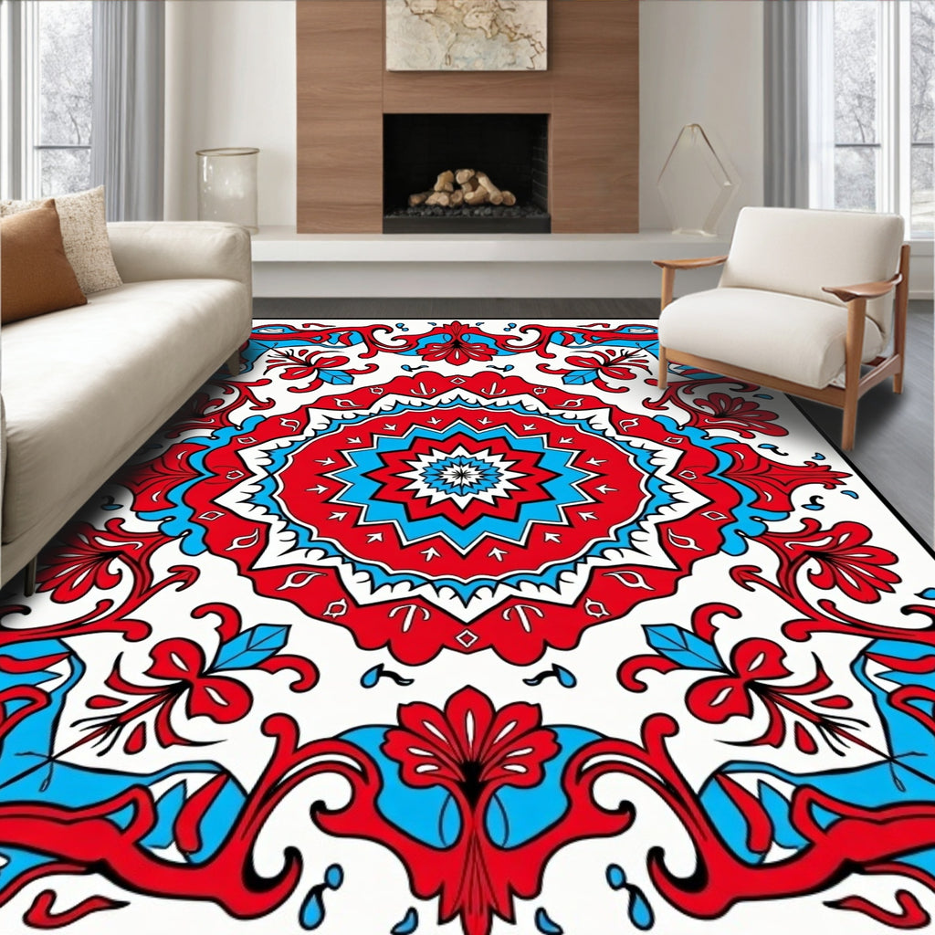 Bold Red Blue Floral Medallion Rug