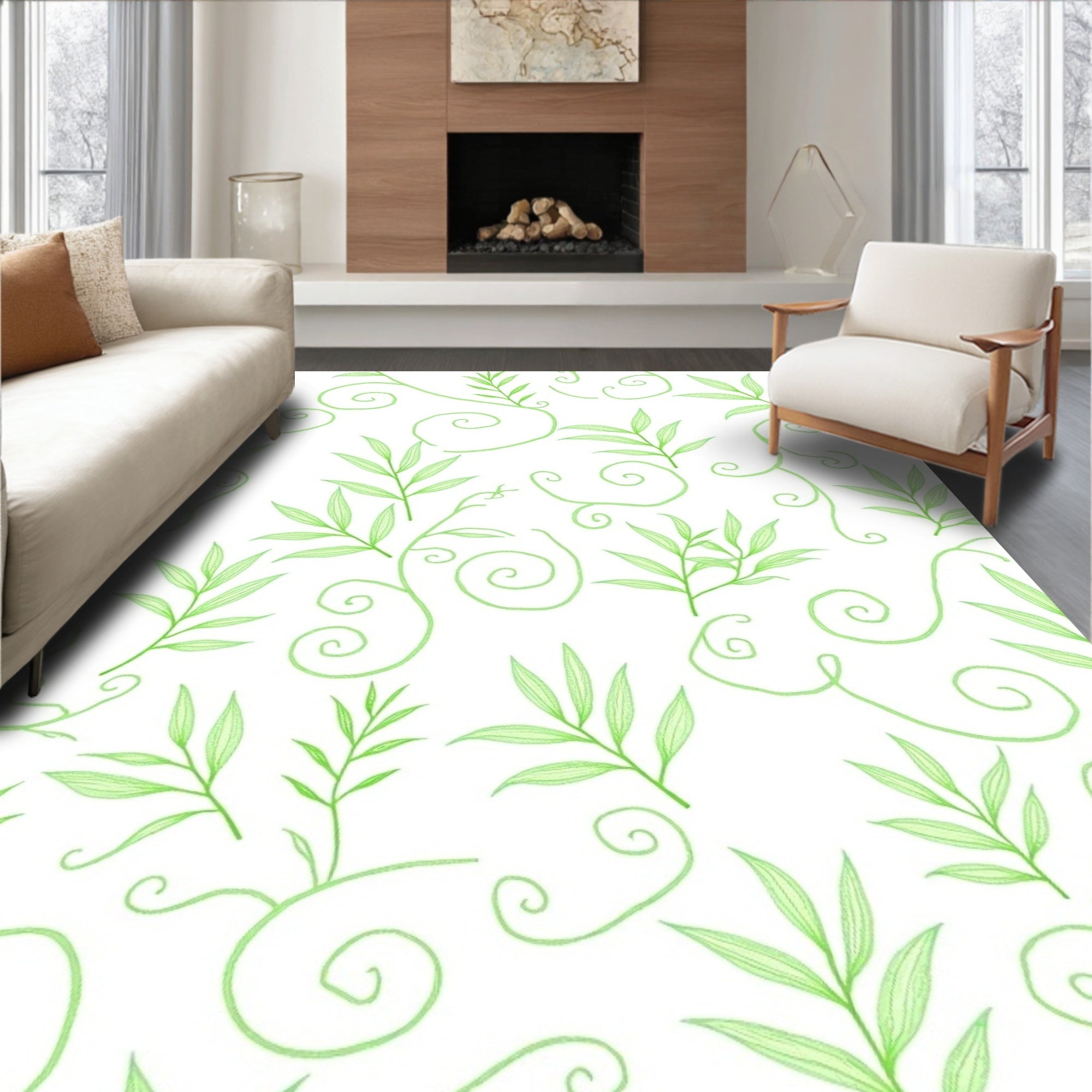 Light Green Leafy Vine Swirls Rug