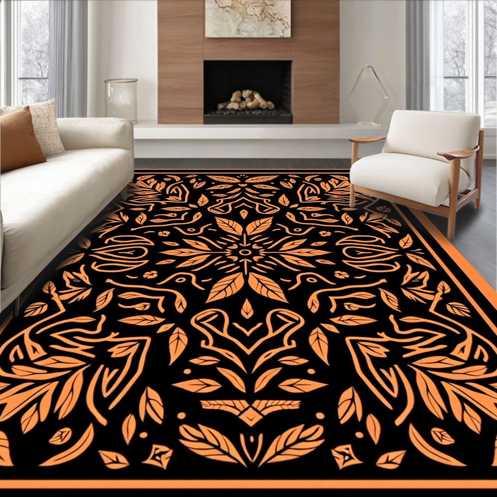 Orange Black Ornate Botanical Bird Arrangement Rug