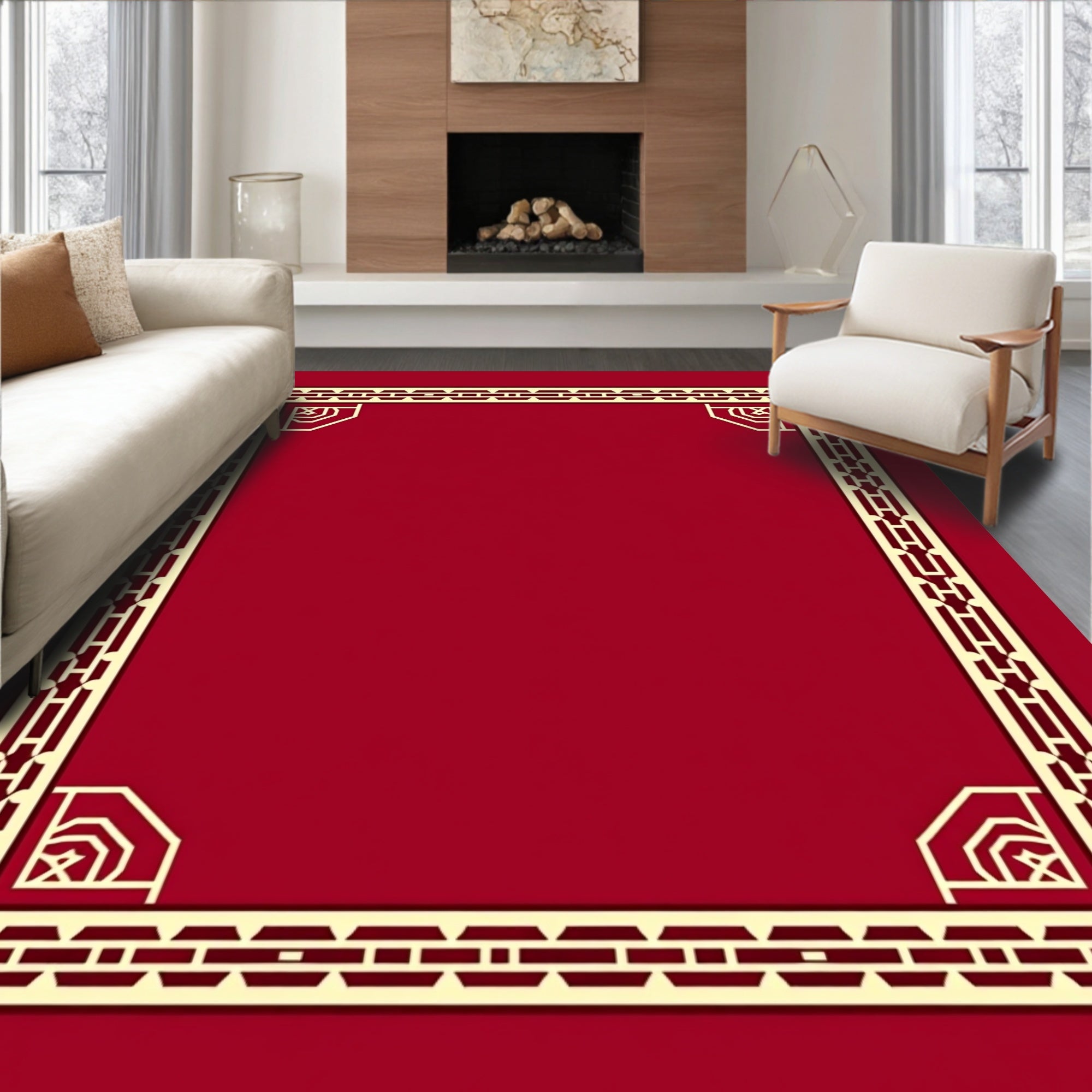 Crimson Bordered Geometric Square Frame Rug