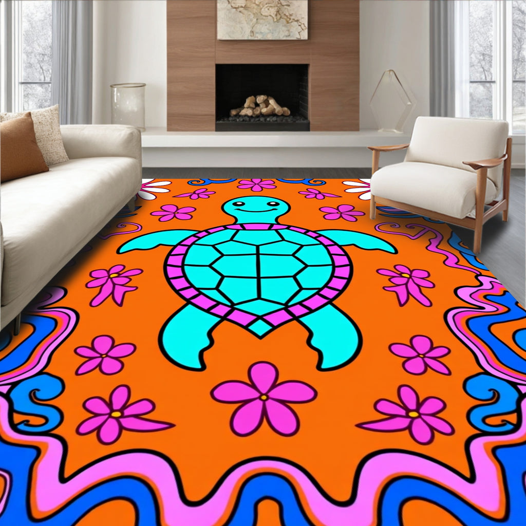 Groovy Teal Turtle Flower Power Rug