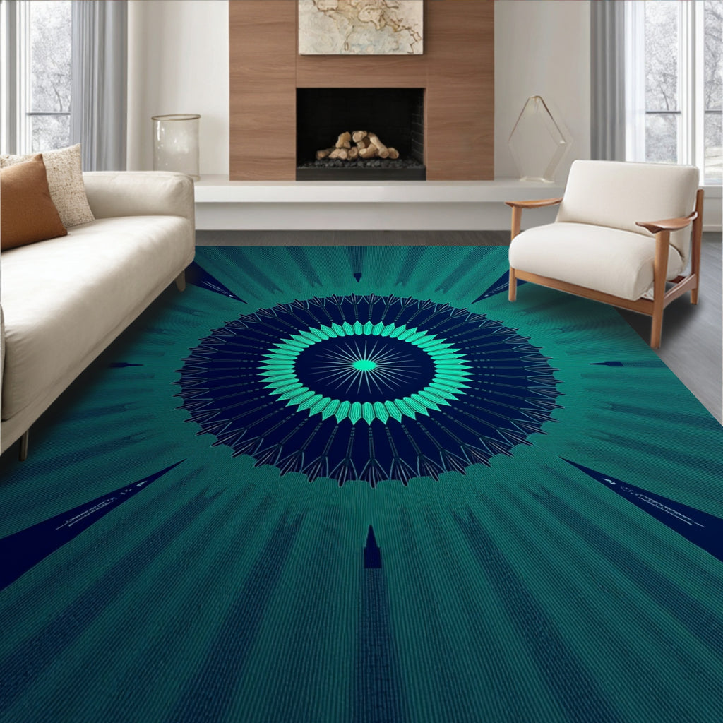 Radiant Teal Burst Kaleidoscope Rug