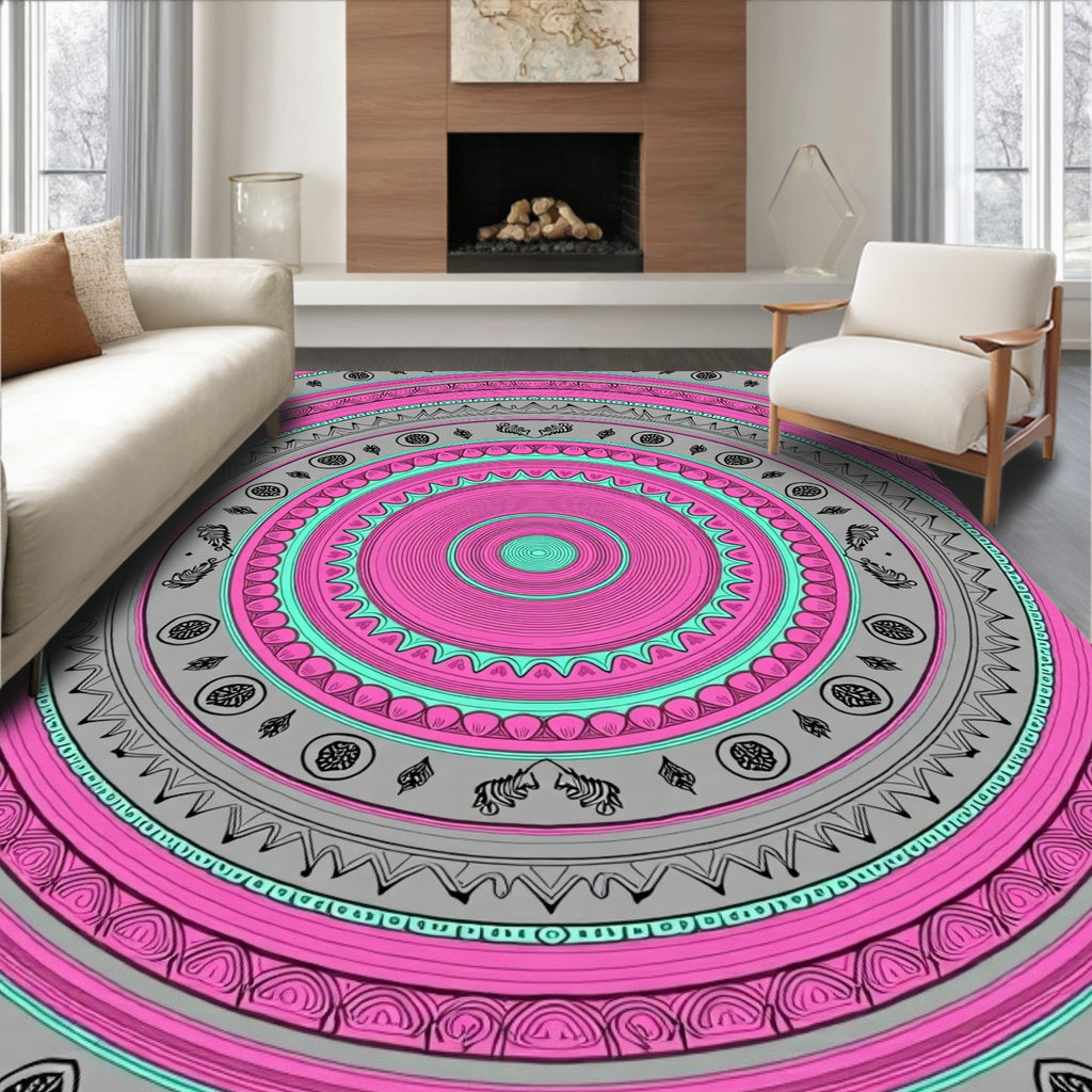 Pink Turquoise Gray Concentric Mandala Rug