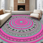 Pink Turquoise Gray Concentric Mandala Rug