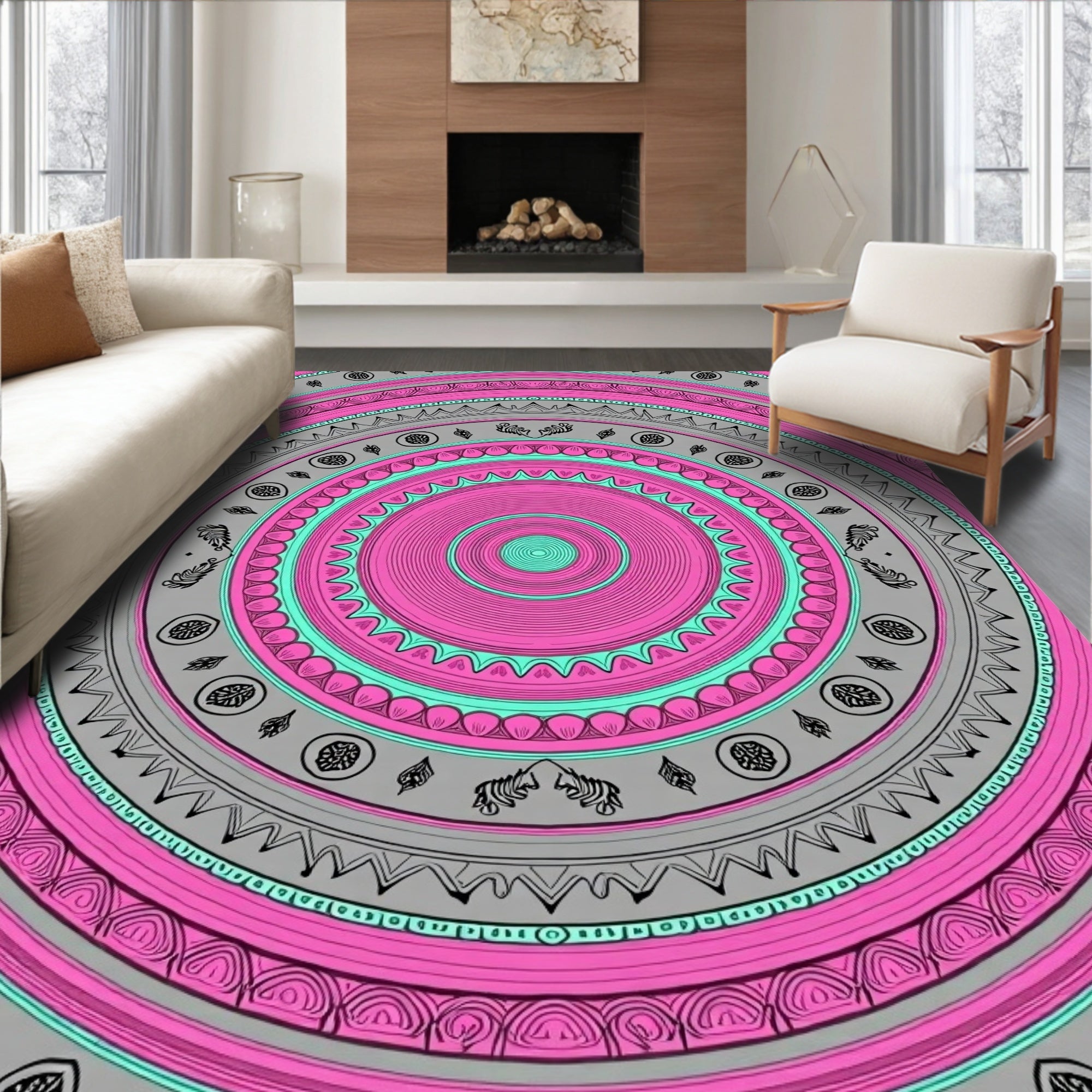 Pink Turquoise Gray Concentric Mandala Rug