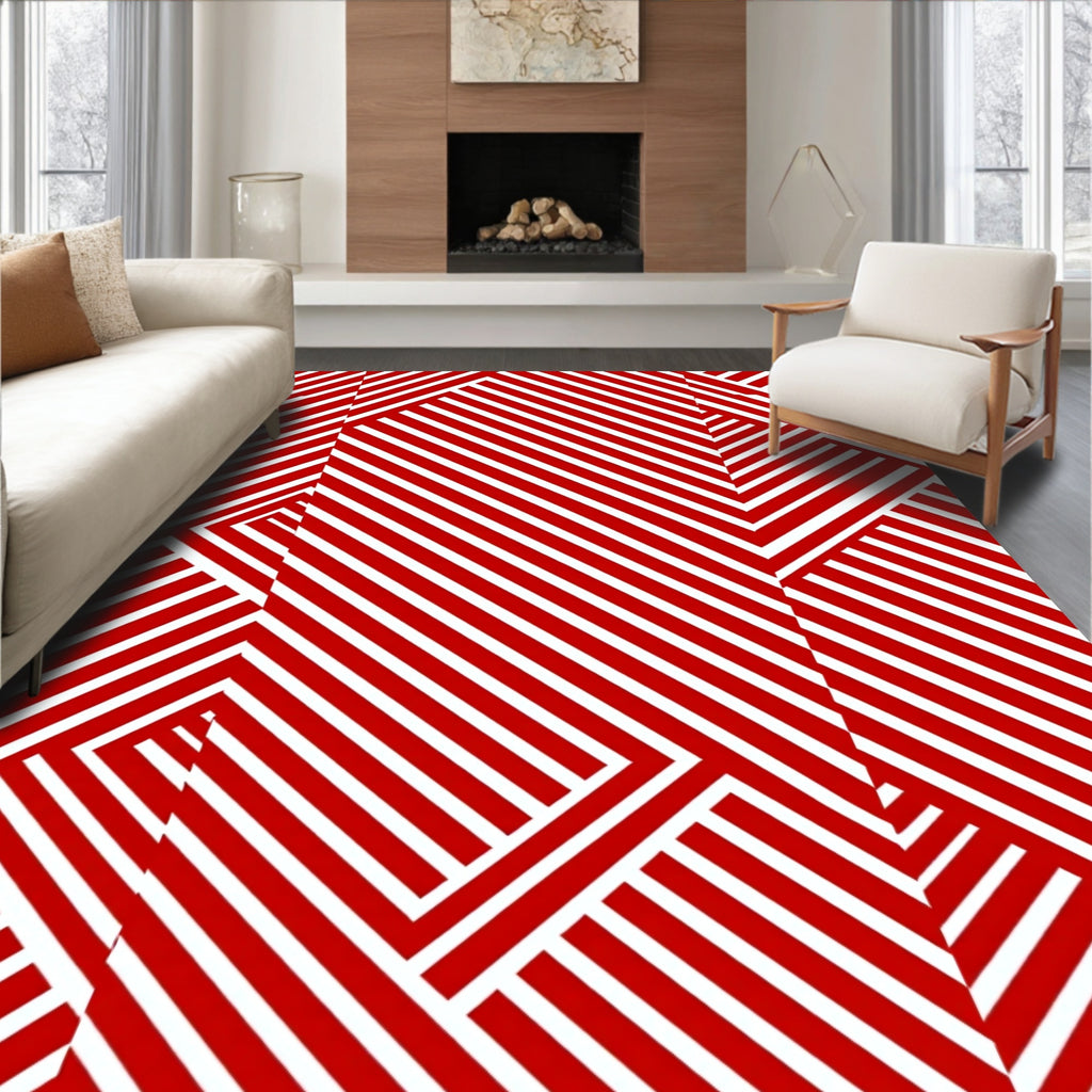 Bold Red Abstract Geometric Stripes Rug