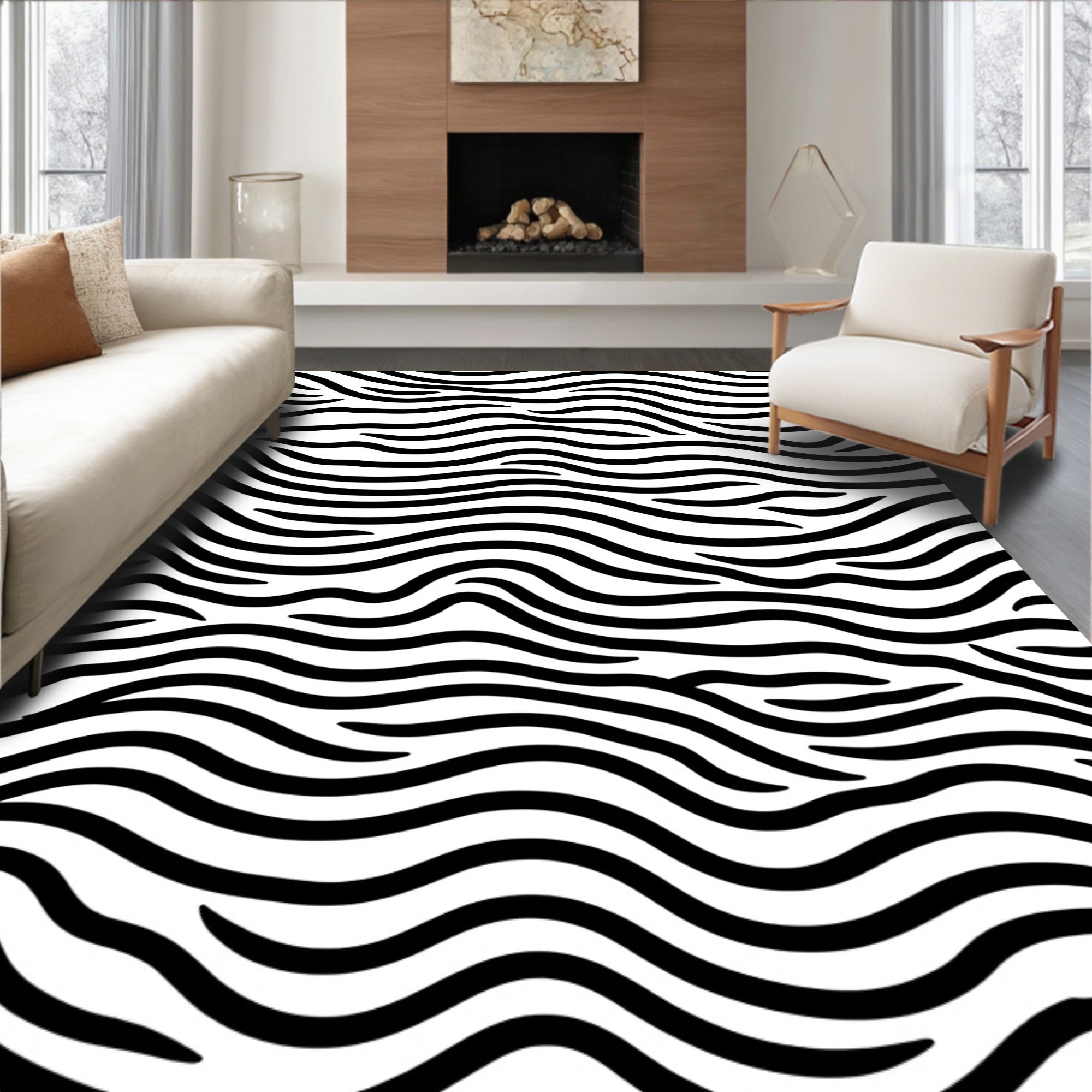 Black White Wavy Stripe Rug