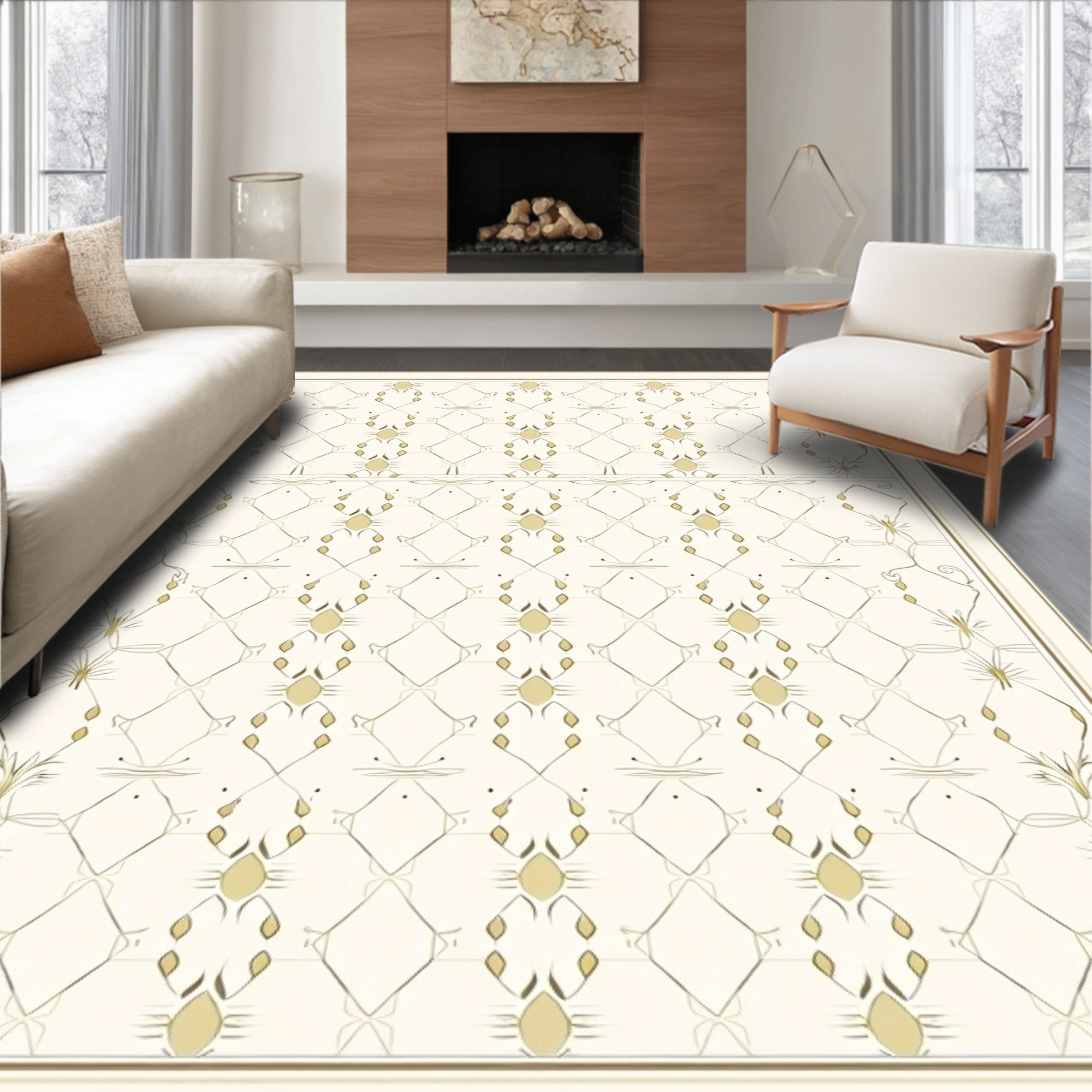 Pale Gold Lattice Vine Medallion Rug