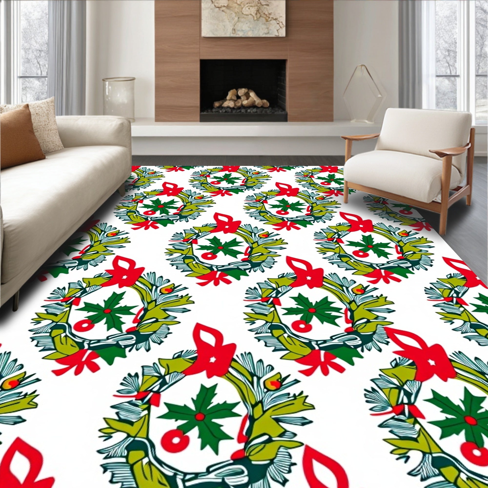 Festive Red Green Holly Wreath Garland Rug