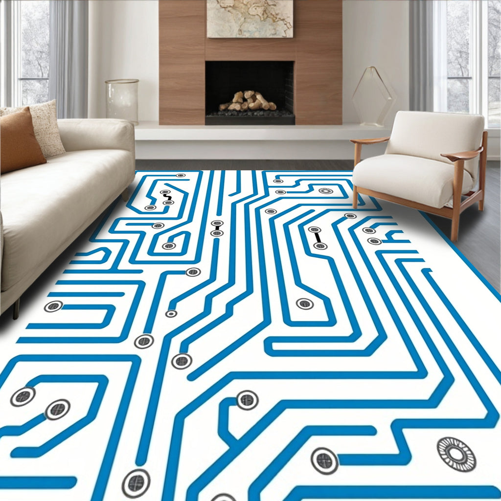 Electric Blue Circuit Board Lines Rug