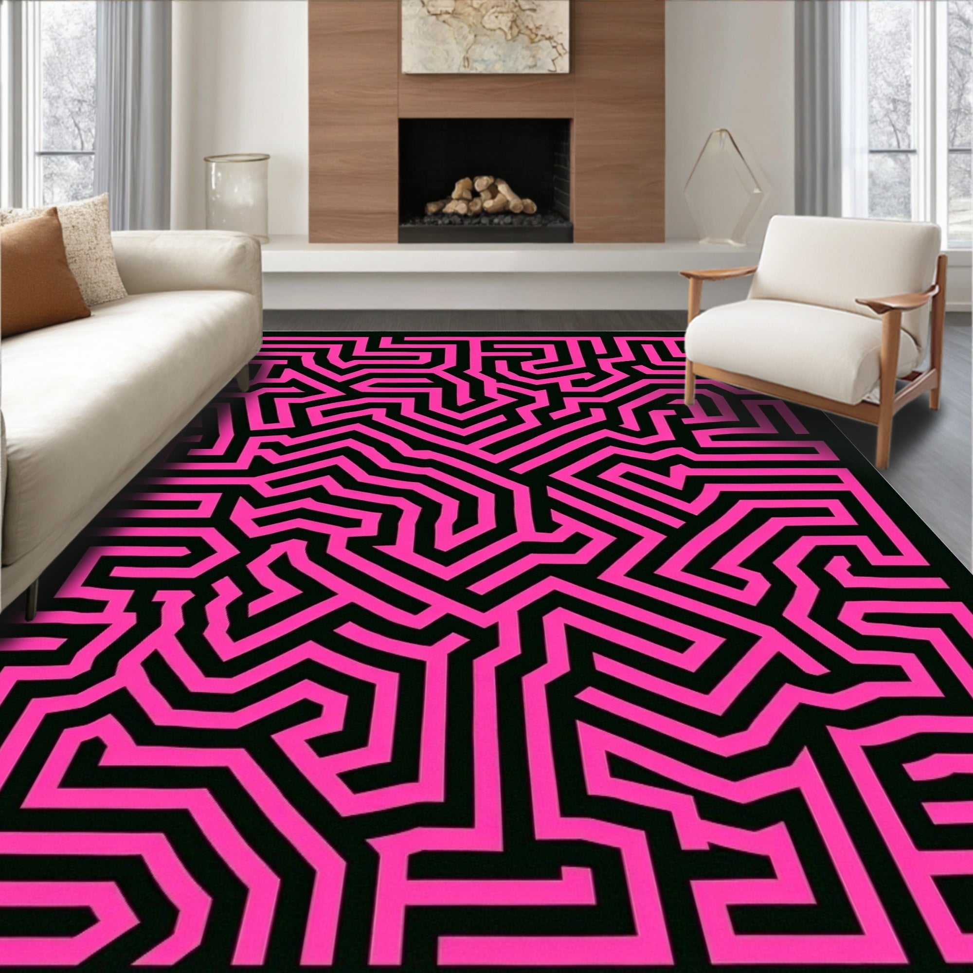 Bold Pink Maze Lines Rug