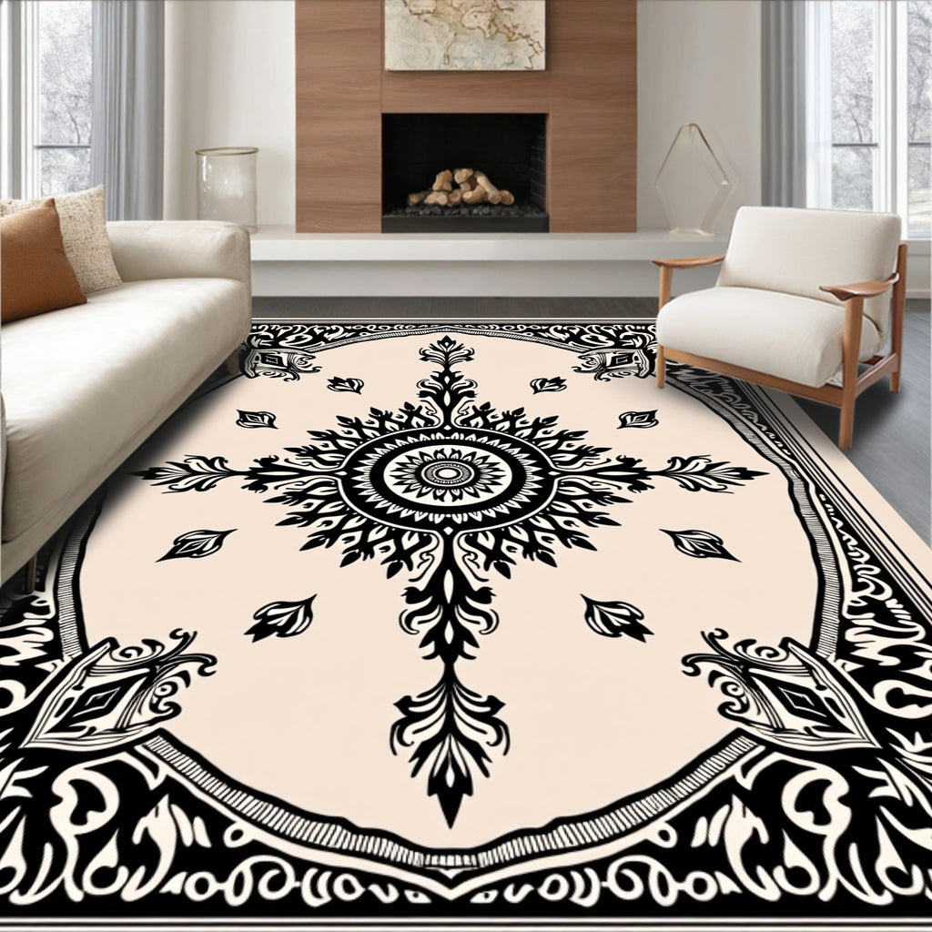 Black Cream Floral Sunburst Medallion Rug