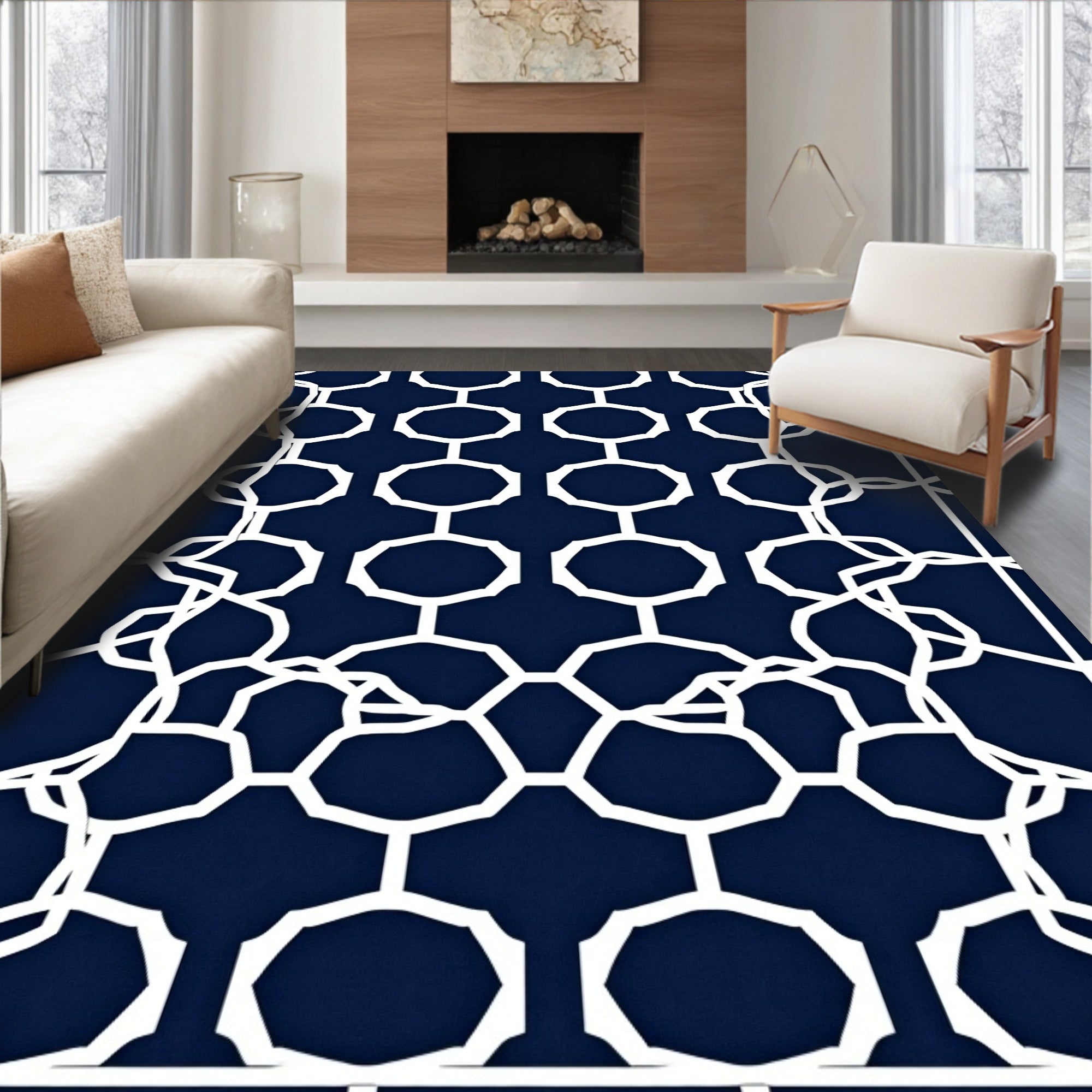 Navy Blue White Interlocking Geometric Links Rug