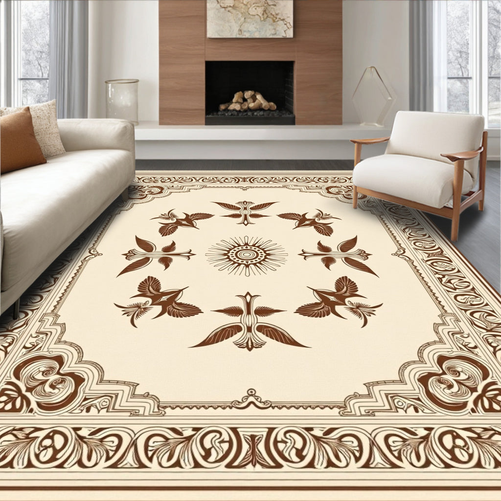 Ornate Brown Bird Sun Border Rug