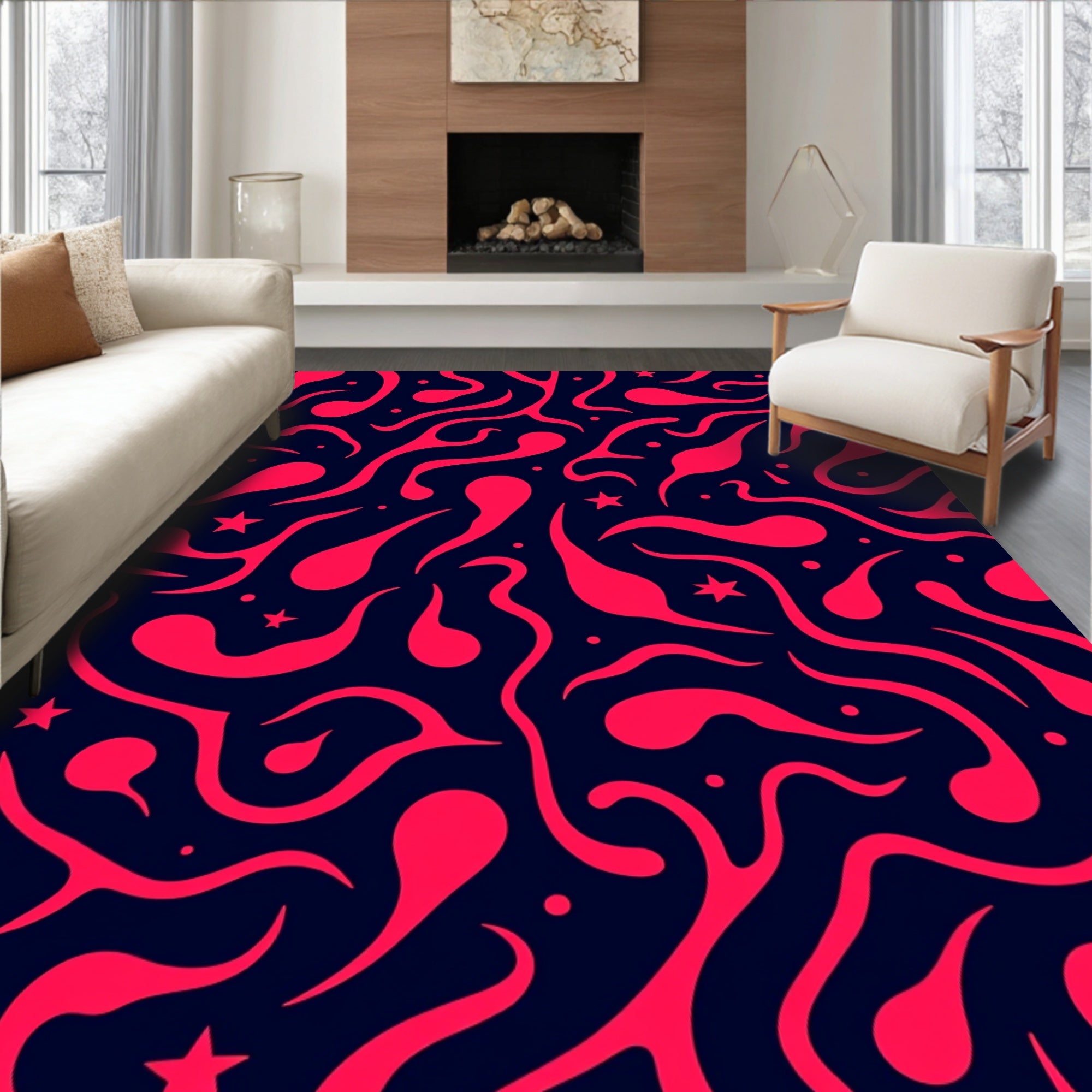 Crimson Swirl Abstract Organic Starbursts Rug