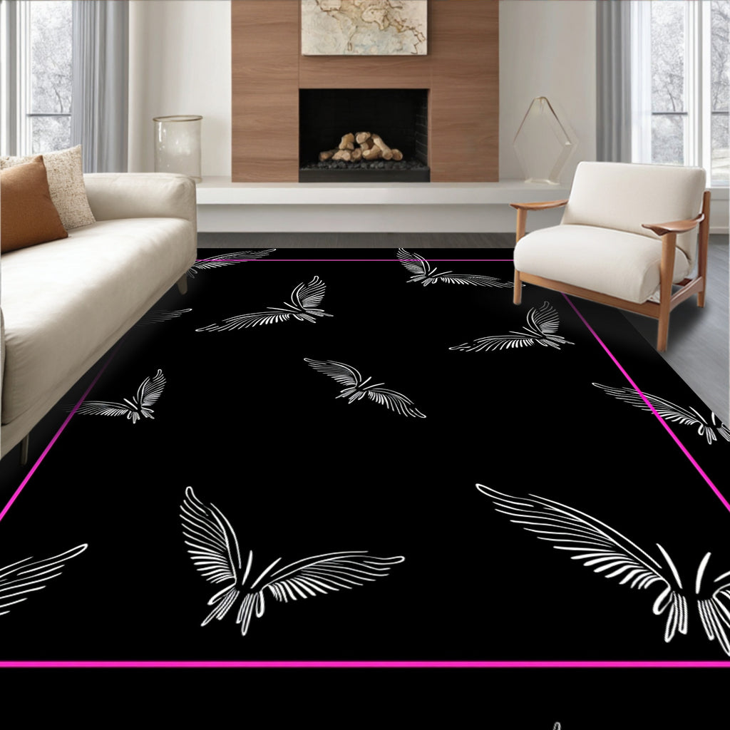 Ornate White Winged Creatures Black Rug