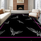 Ornate White Winged Creatures Black Rug