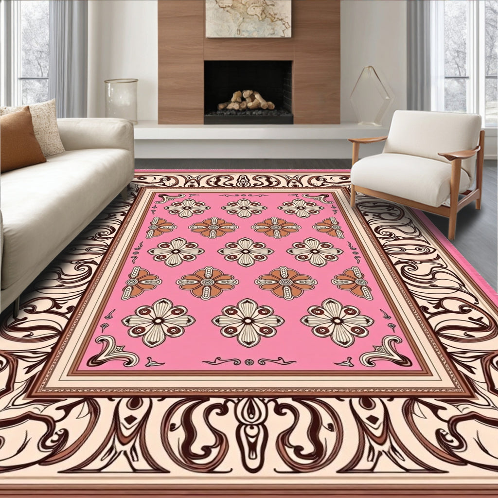 Pink Floral Medallion Frame Rug
