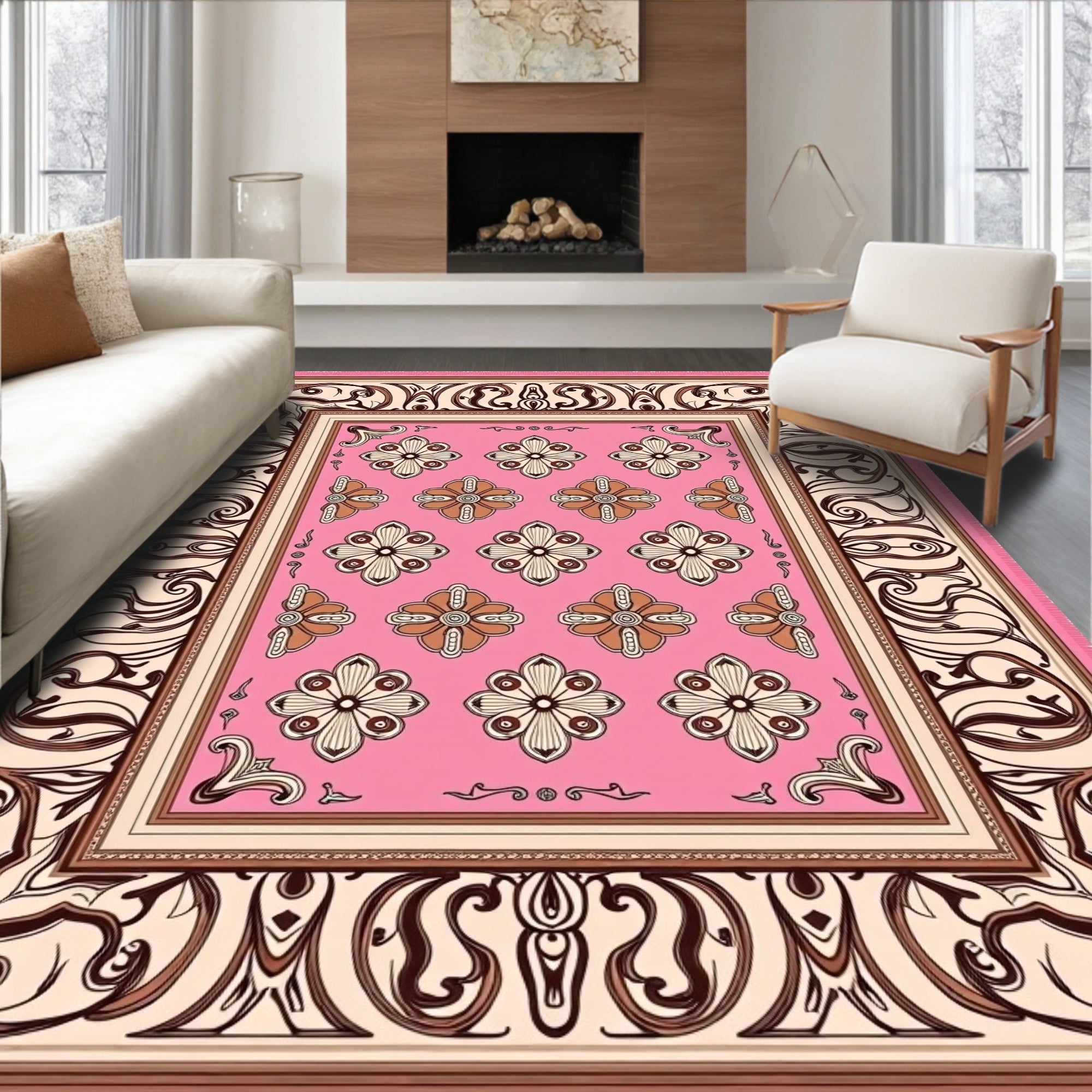 Pink Floral Medallion Frame Rug
