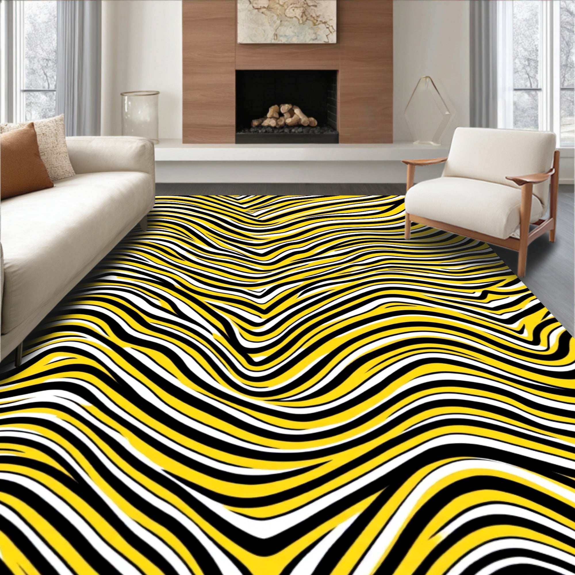 Bold Yellow Black Zebra Wave Rug