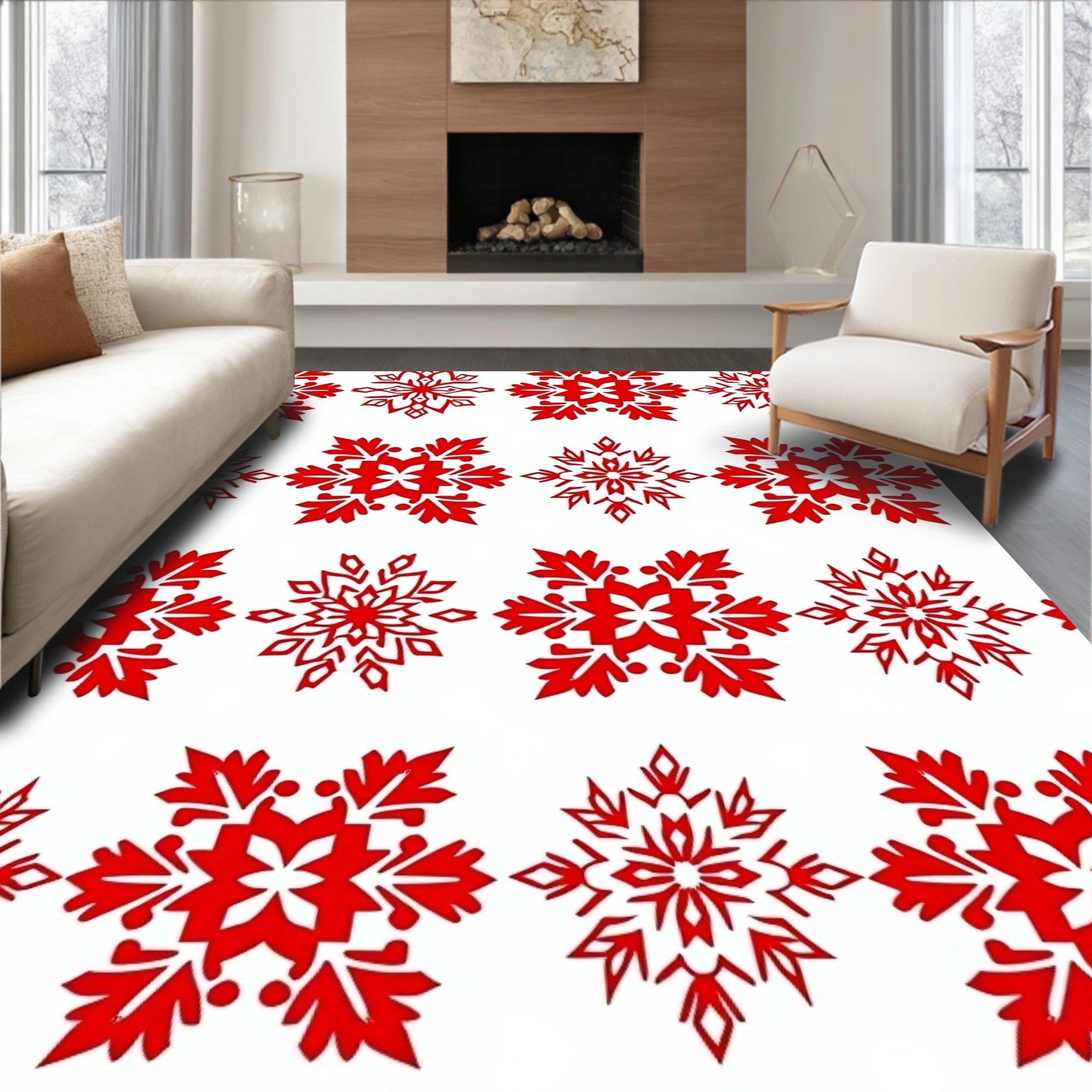 Crimson Snowy Star Repeating Motif Rug