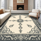 Ornate Off-White Charcoal Damask Border Rug