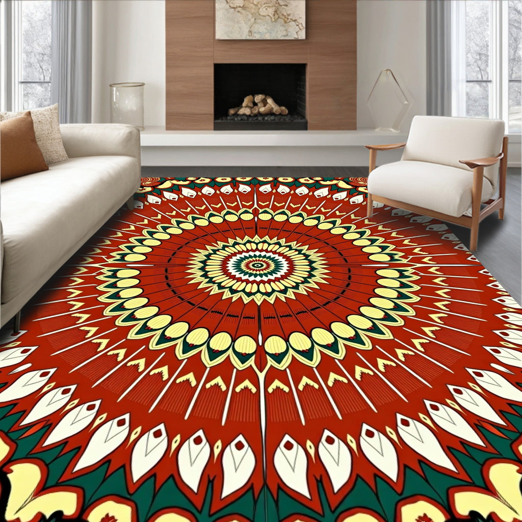 Radiant Crimson Swirl Mandala Rug