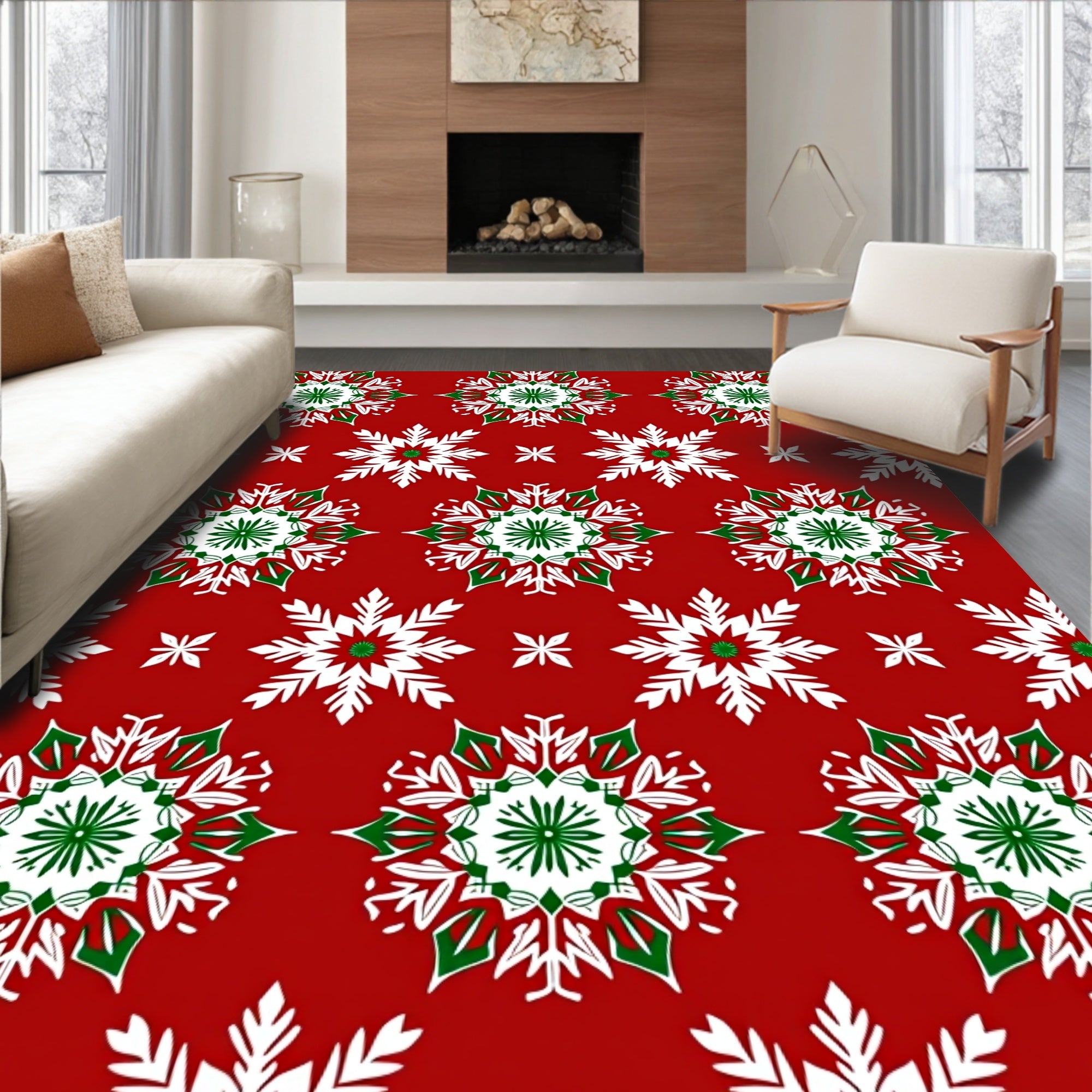 Green White Snowflake Collection Red Rug