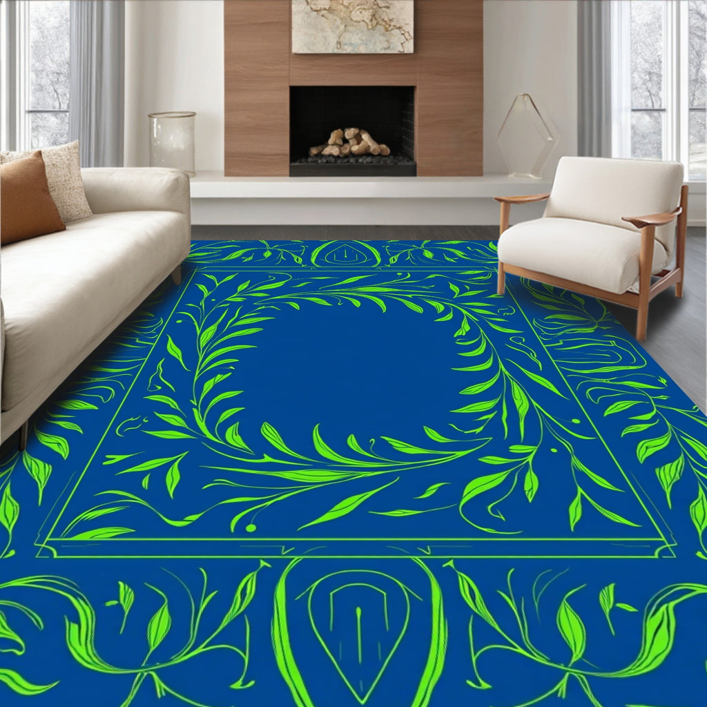 Royal Blue Green Vine Scroll Frame Rug