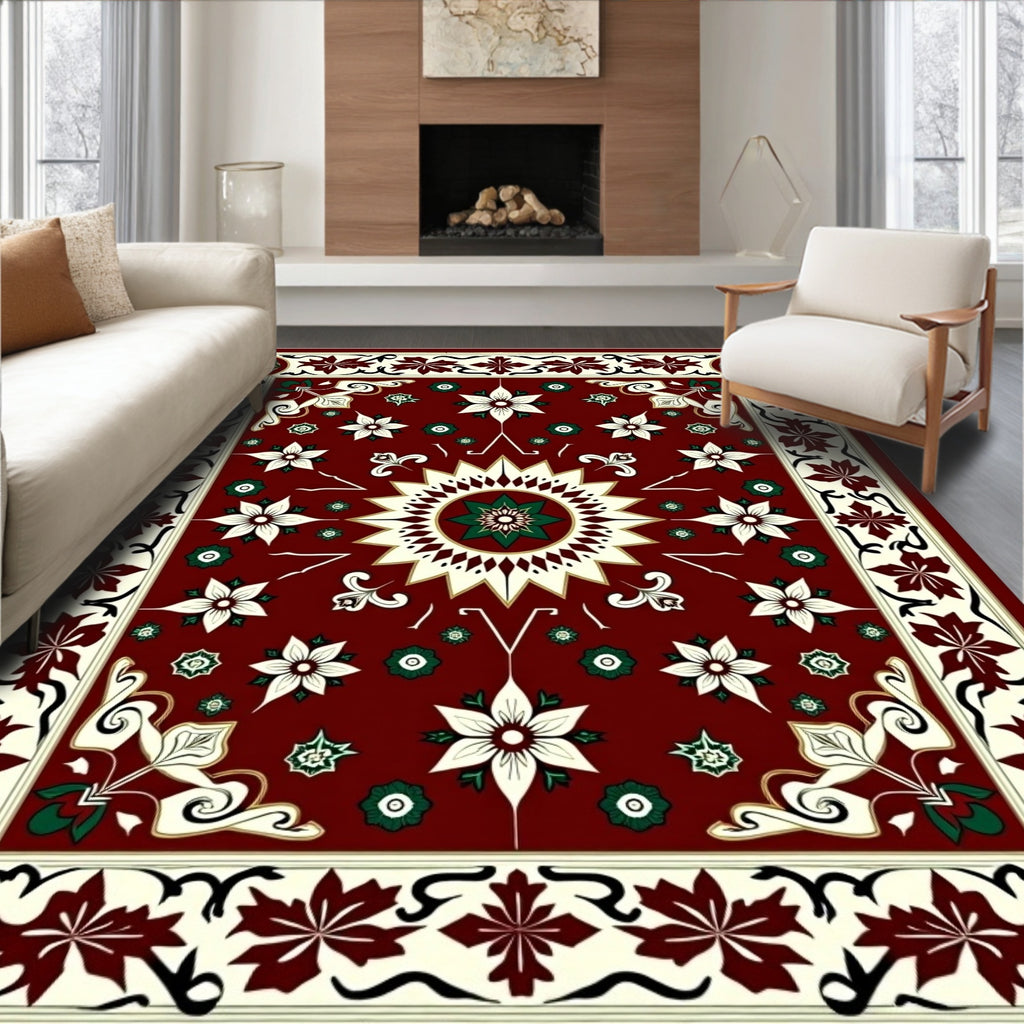 Deep Red Floral Medallion Arrangement Rug