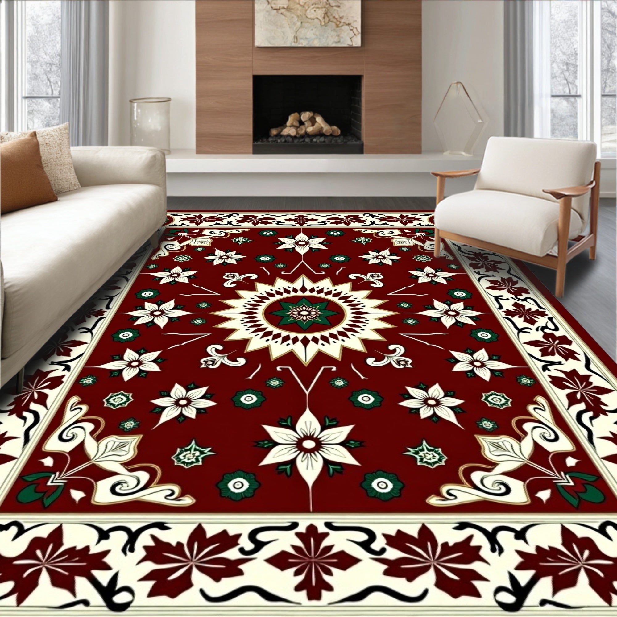 Deep Red Floral Medallion Arrangement Rug