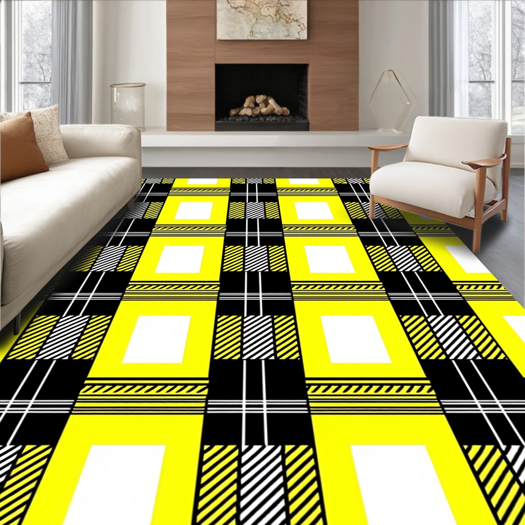 Bold Yellow Black Plaid Squares Rug