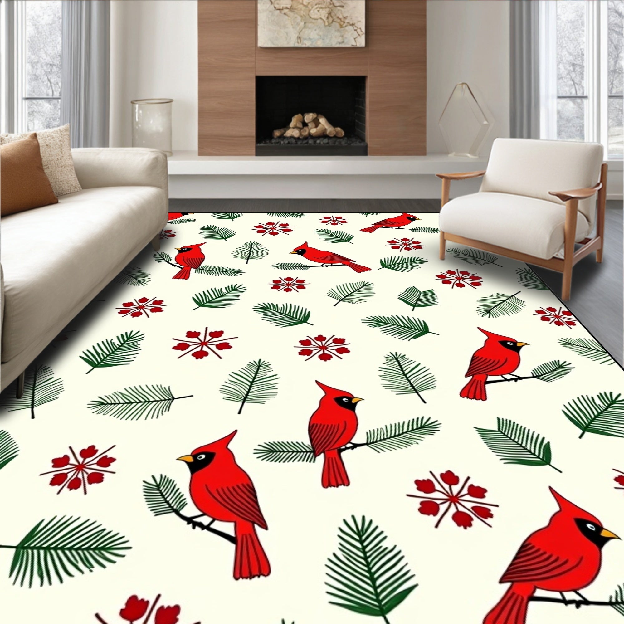 Crimson Birds Green Pine Branches Rug