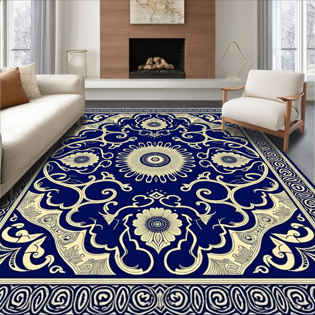 Symmetrical Navy Floral Swirl Medallion Rug