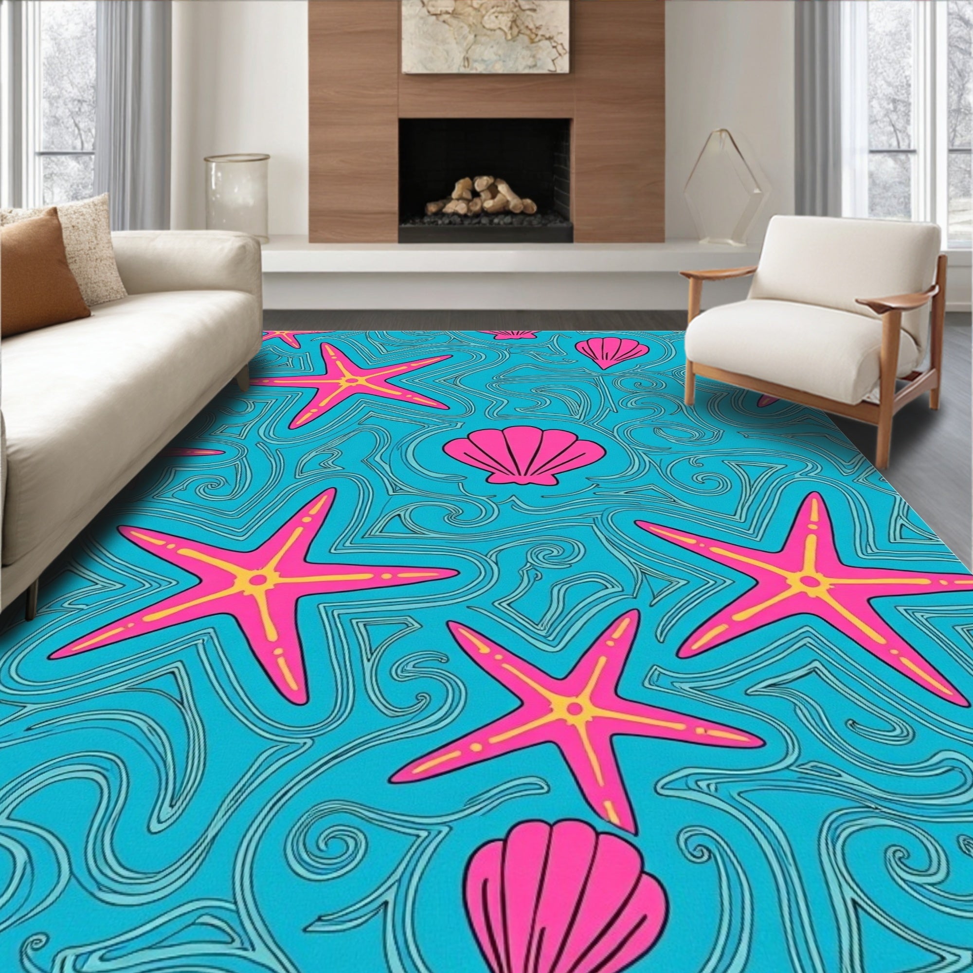 Bright Pink Starfish Seashell Swirls Rug
