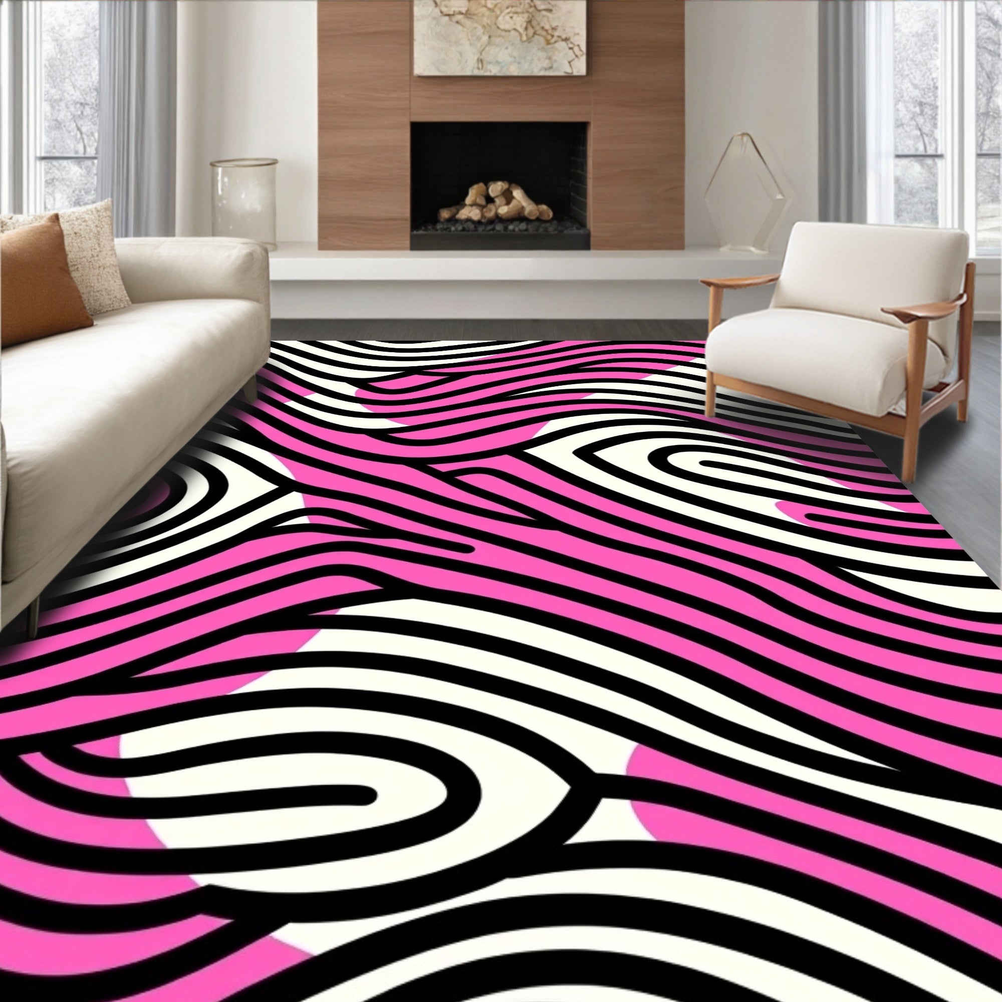 Vibrant Pink Black Swirl Wave Rug
