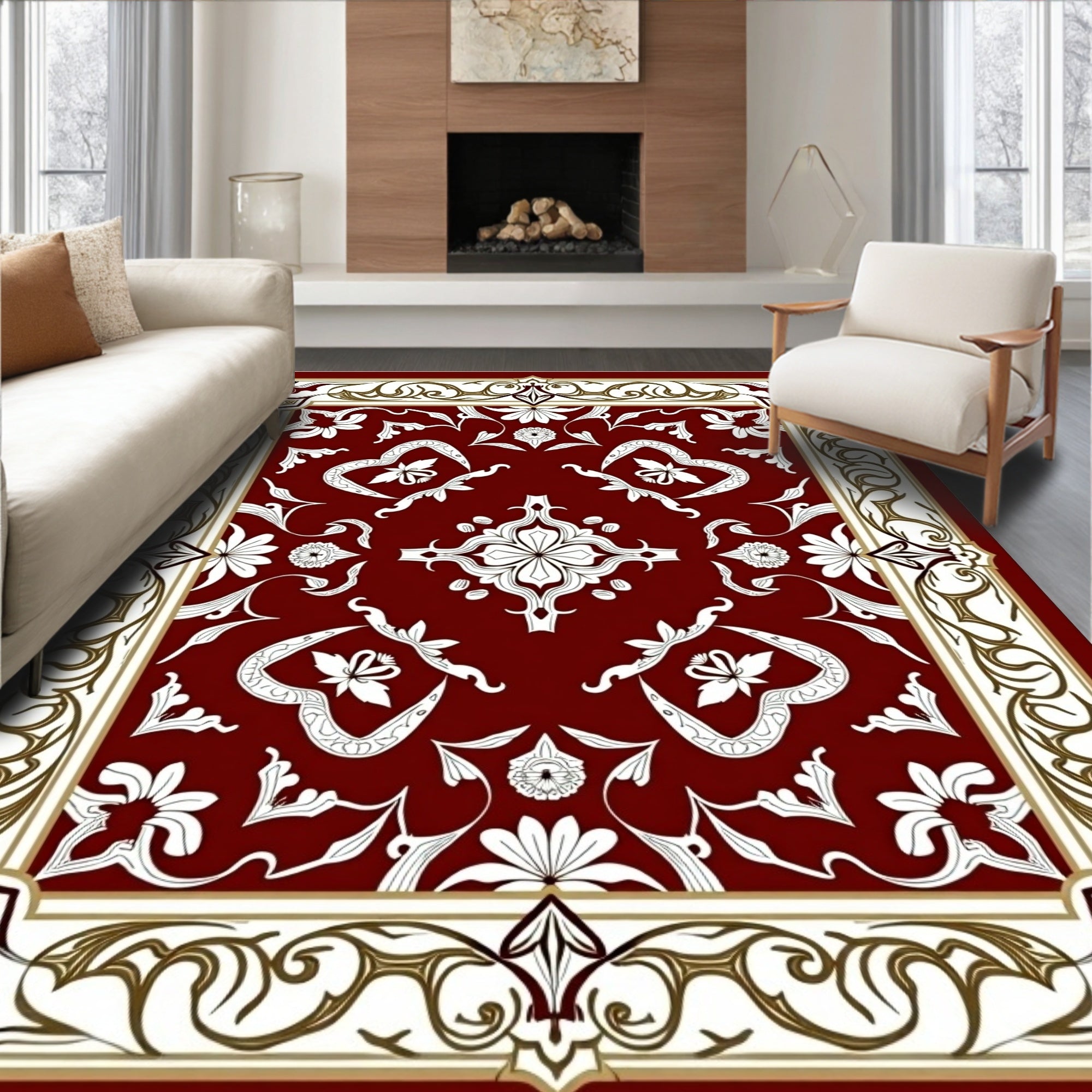 Deep Red White Botanical Scrollwork Rug