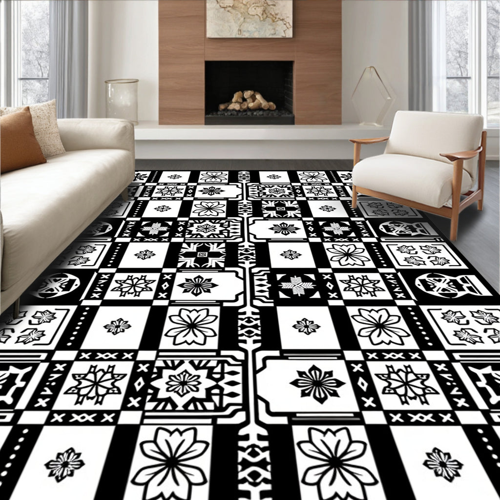 Monochrome Floral Geometric Patchwork Rug